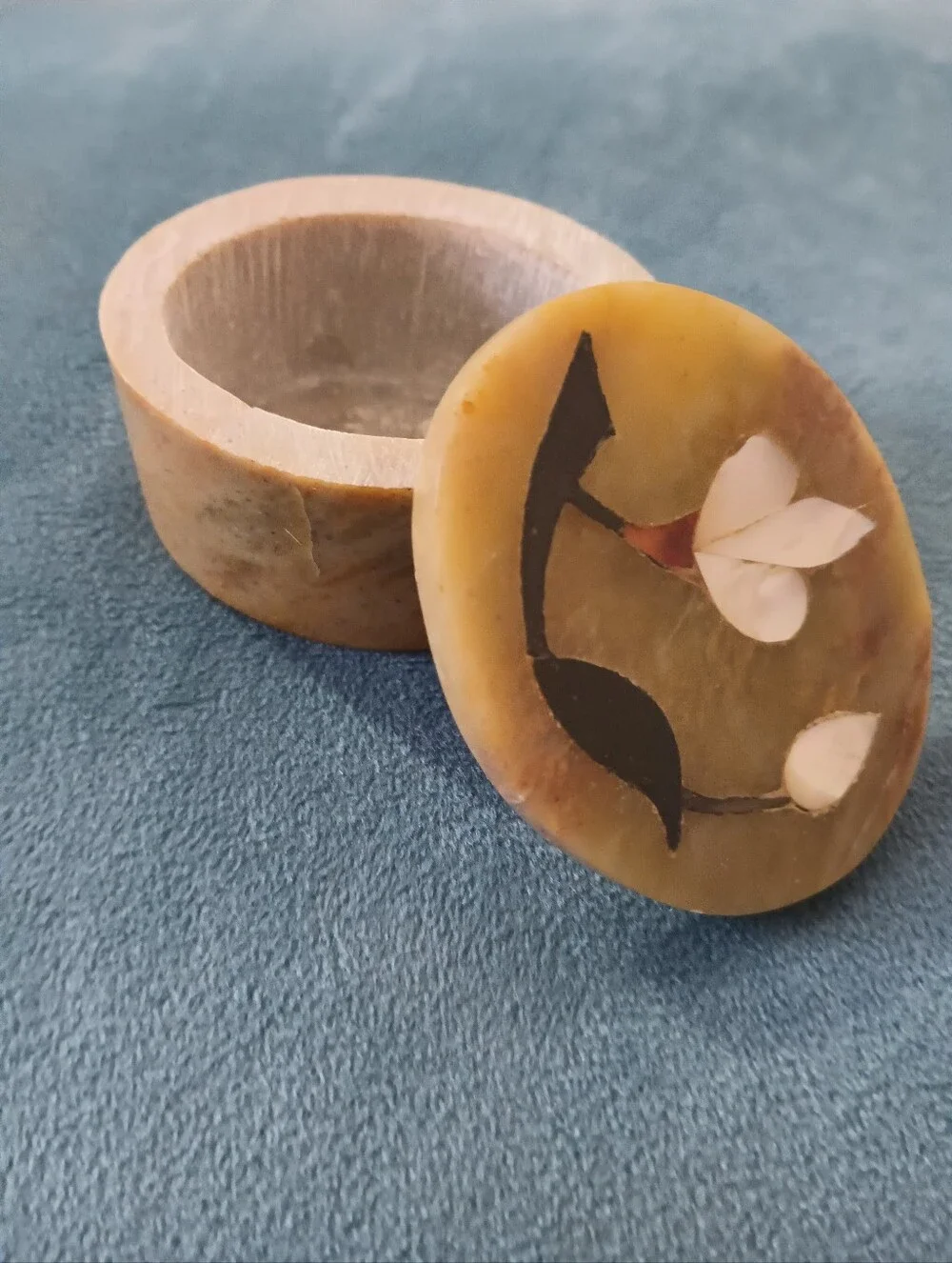 Carved Stone Trinket Box with Inlaid Flower - Beige and Black